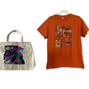 Austin SXSW 2024 Festival Texas Orange Cotton T-shirt size M and Canvas Tote Bag